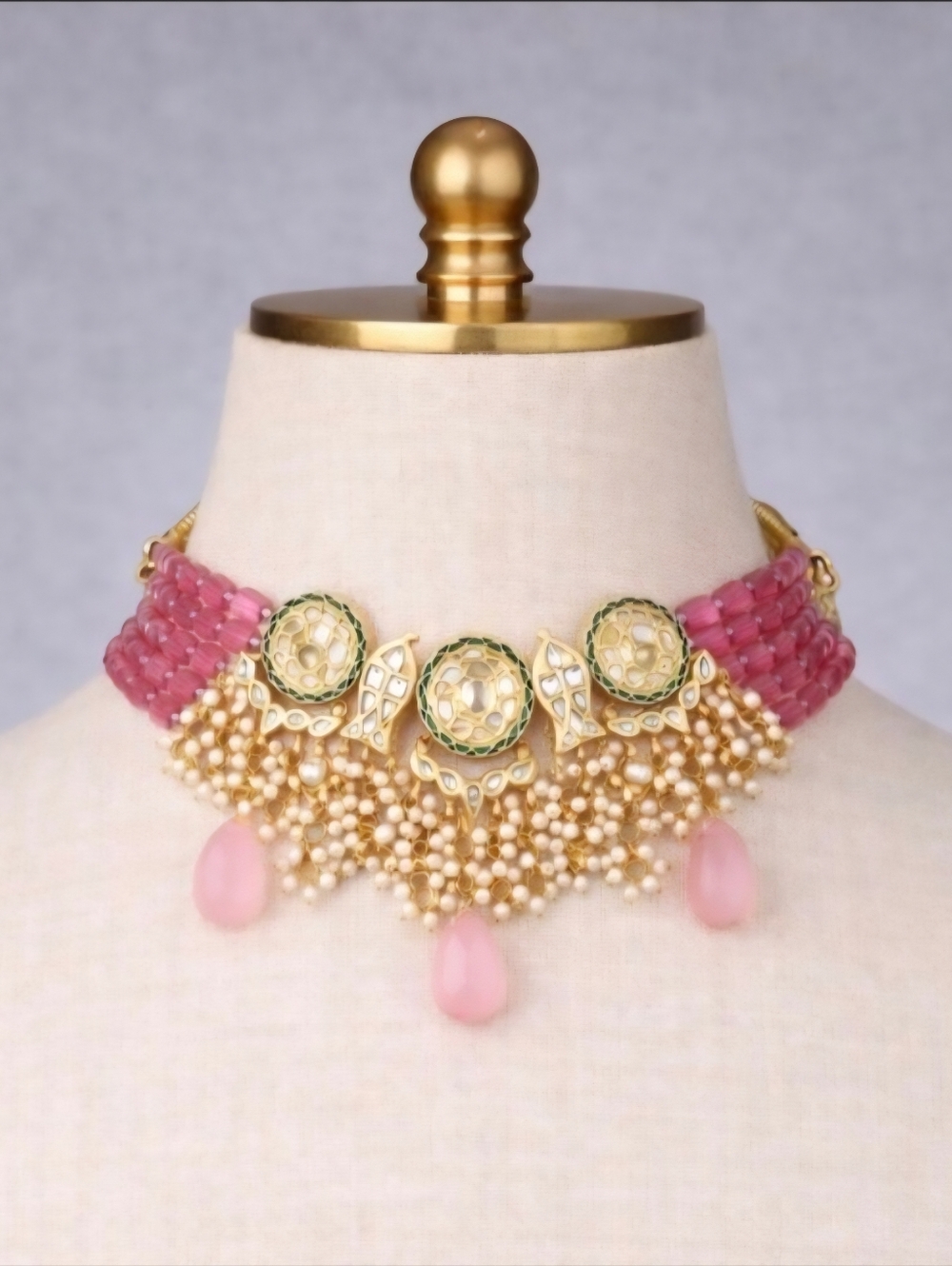 Pink beads Kundan Gold Plated Choker Set with Pearl Drop Earrings